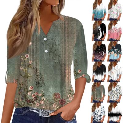 Women's Fashion Casual Printed V-Neck Long Sleeve Button Down T-Shirt Top