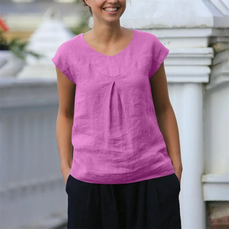 Letní nové dámské topy Ležérní volné jednobarevné krátkorukávové s výstřihem do V Bavlna a len Dámská trička