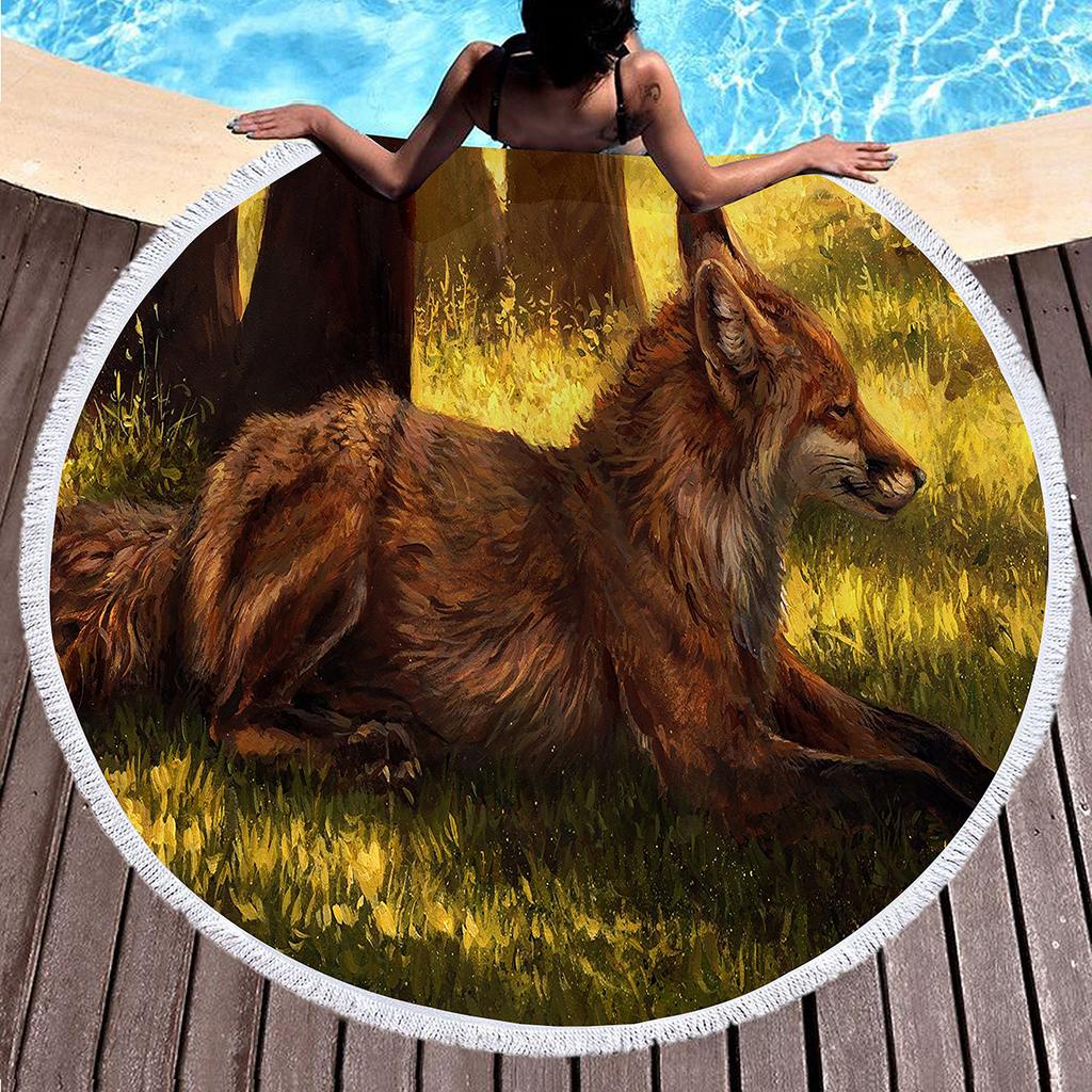 Fox Round Beach Towel, Jungle Wild Animal Beach Blanket,Rustic Farmhouse Woodland Fox Absorbent Quick Dry Pool Towel Picnic Mat