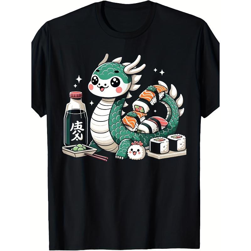 

Kawaii Sushi Dragon T-Shirt Featuring Japanese Cuisine And Anime Themes, Suitable for Both Men. This Summer 2025 Short-Sleeve Tee Is Made of Pure 4XL чорний