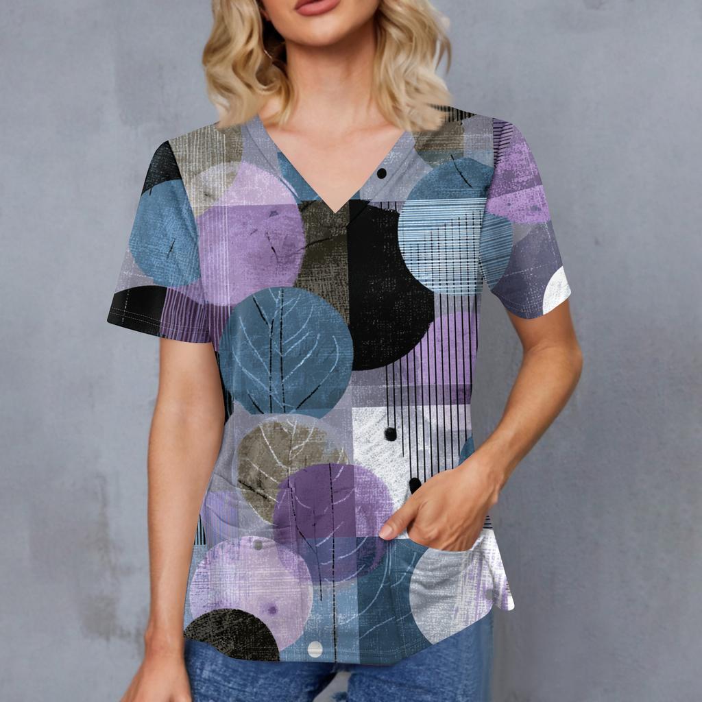 Women's Retro Printed V-Neck Double Pocket Short Sleeves Hem Slit  Uniform Caregiver Top