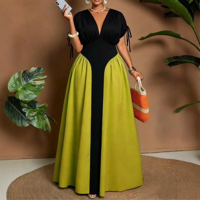Plus Size V Neck Color Block Waist Cinched Midi Casual Dress For Women