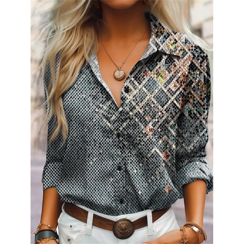 Elegant Black Striped Printed Long-sleeved Shirt For Women Fashion Lapel Button-down Shirt Temperament Office Cardigan
