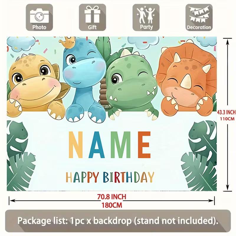 Watercolor Style Dinosaur Birthday Backdrop, Customizable Name Cute Cartoon Dino Background with Tropical Leaves