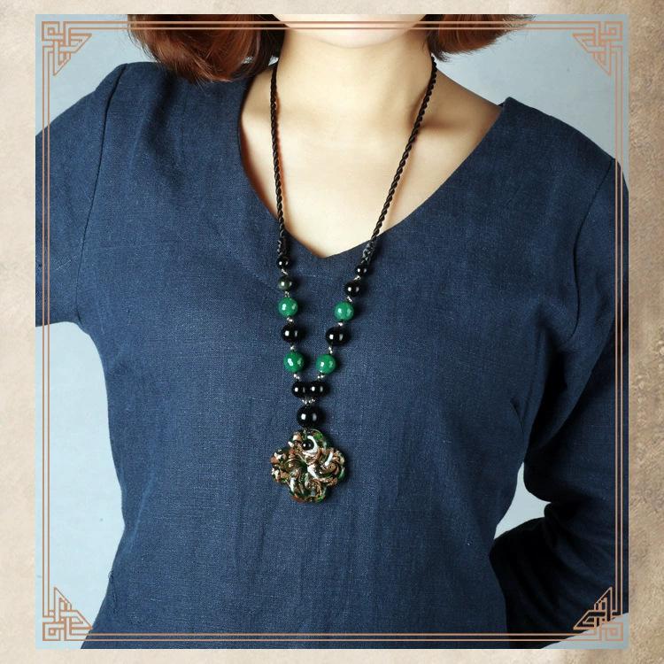 GEMCHIC Women s Vintage Ethnic Style Glass Pendant Necklace Long Sweater Chain with Floral Design and Beaded Rope