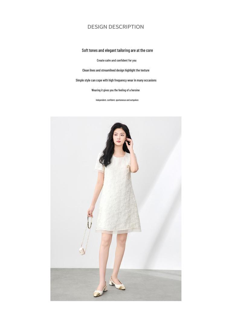Women's Summer Mesh Jacquard Cut-Out Dress with Round Neck