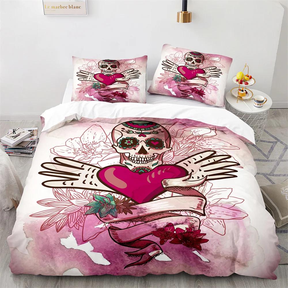 Sugar Skull King Queen Duvet Cover Gothic Skeleton Bones Floral Bedding Set Day Of The Dead Theme 2/3Pcs Polyester Quilt Cover