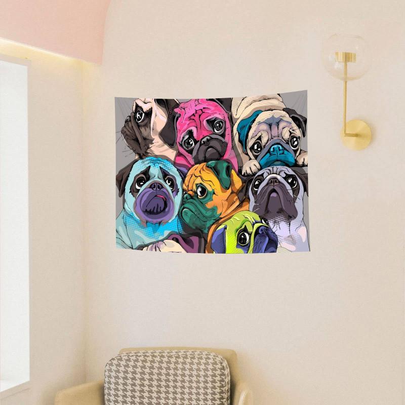 VIKAMA Cartoon Pug Family Tapestry Cute PetThemed Decorative Backdrop For Bedroom Headboards Room Decoration