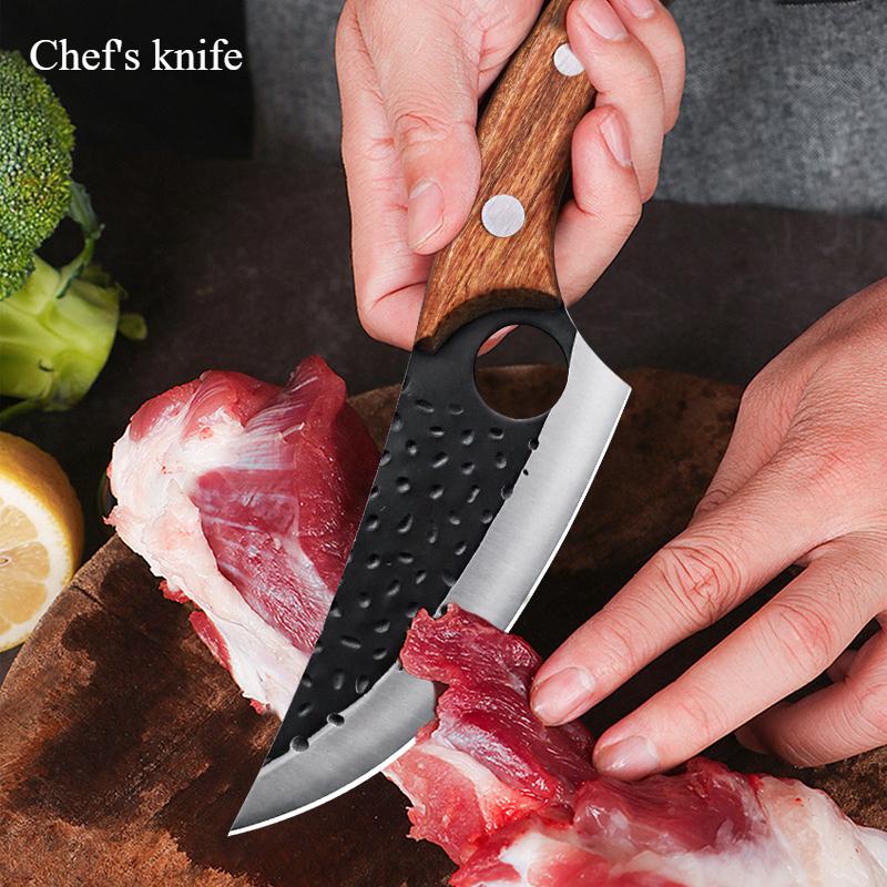 Cuchillo de Cocina Forjado a Mano Patrón Martillado Cuchillo para Deshuesar Cuchillo de Sacrificio Matar Peces Cortar Pieles Vacuno Alta Dureza Cuchillo de Chef