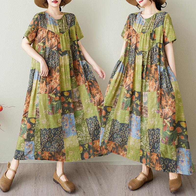 DIMANAF 2025 Summer Women Vintage Plus Size Long Printing Dress Short Sleeve Casual O-Neck Basic Fashion Loose Dress