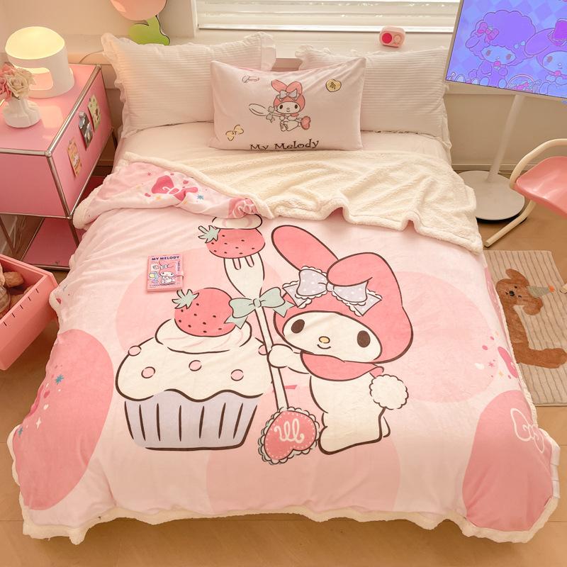 Throw Blanket Hello Kitty Melody Cinnamoroll Large Cartoon Lamb Fleece Double-Layer Thickened Milk Fleece Blanket Plus Velvet