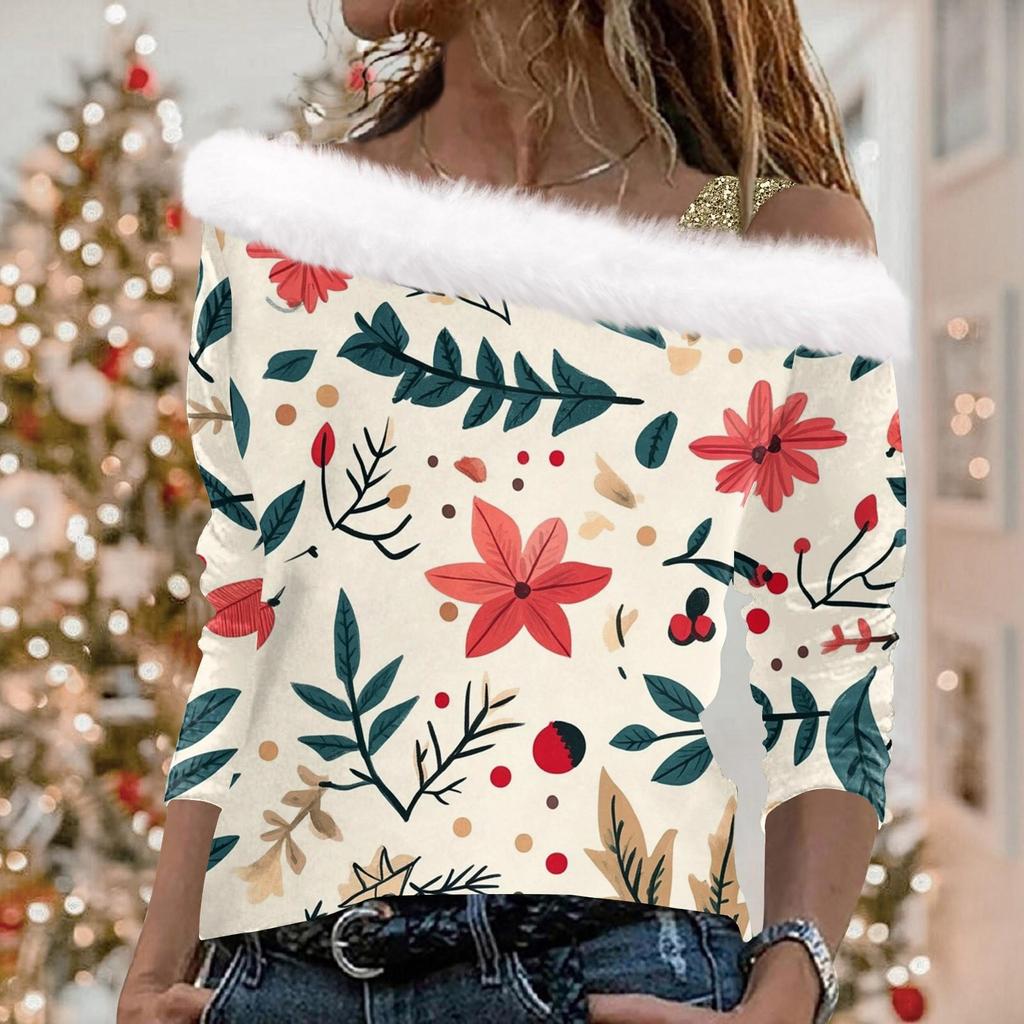 Women's Christmas Snowflake Print Long Sleeve Twill Pullover Collar Top