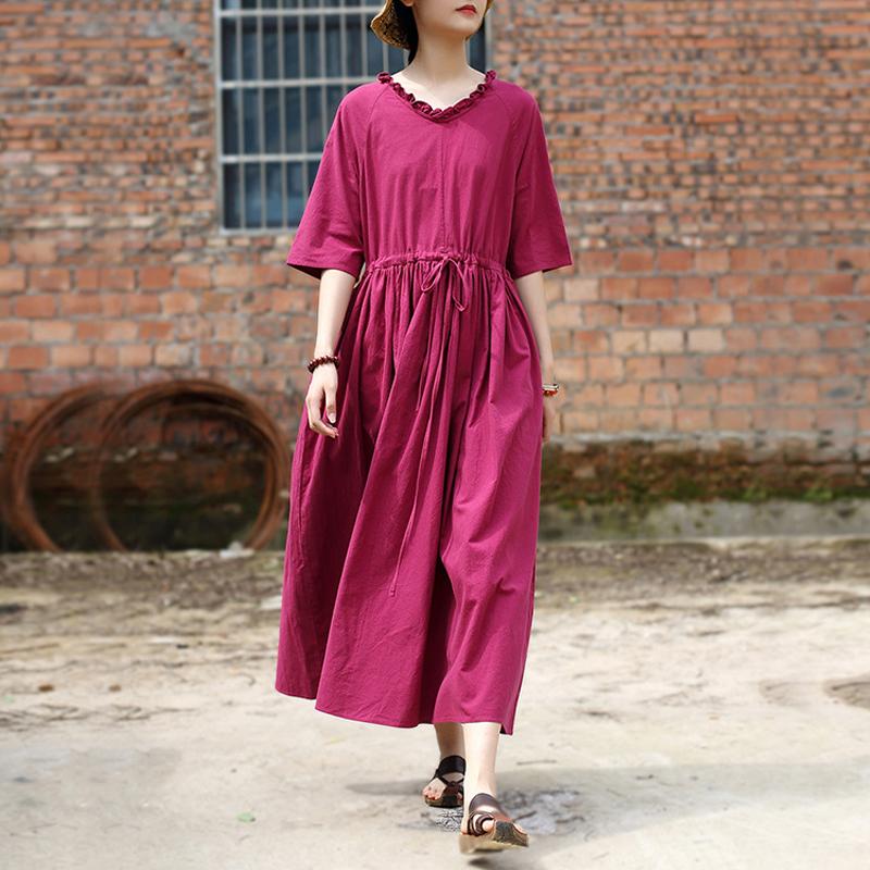 Johnature Women Vintage Bandage Dresses V-Neck Half Sleeve Summer Solid Color Chinese Style Women Clothes Soft Dress