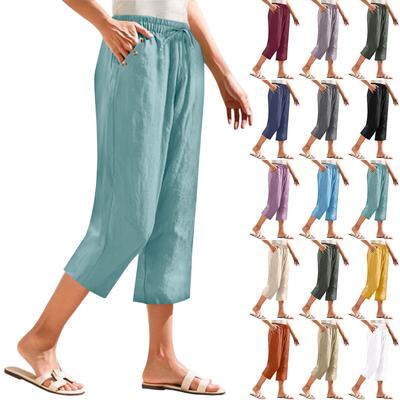 Pantalones Casuales de Moda para Mujer, Holgados, con Bolsillos, Mezcla de Algodón y Lino, Cintura Alta, Pierna Ancha, Pantalones Cortos