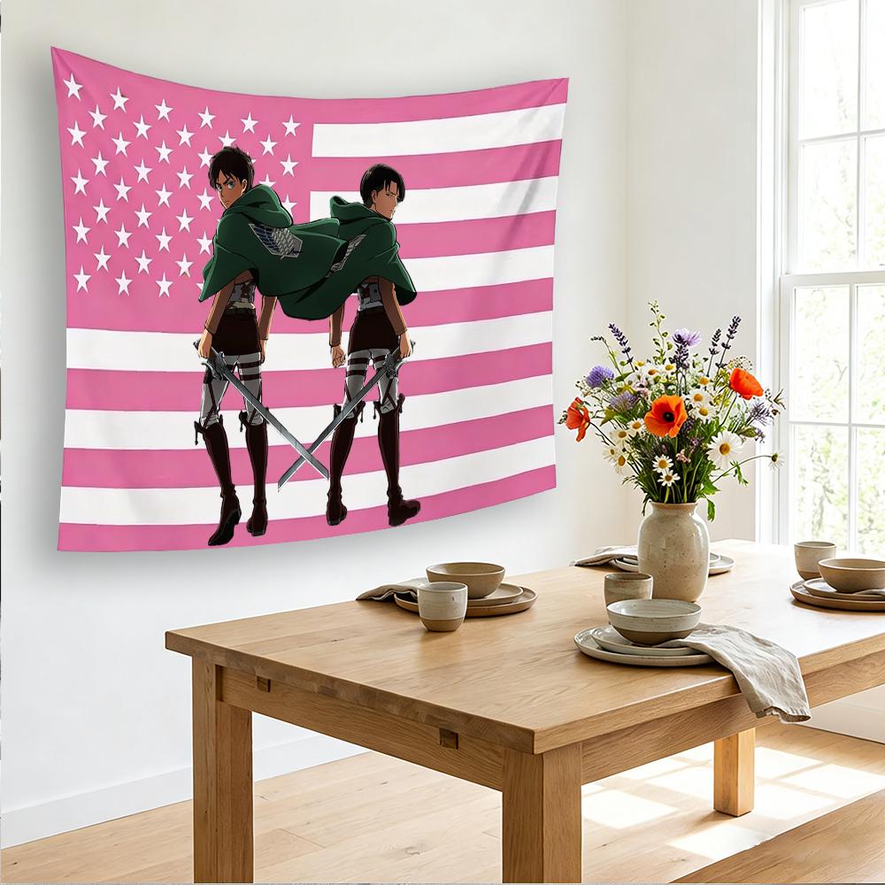 Attack On Titan Eren & Levi Pink American Flag Tapestry, Anime Fan Merch Wall Hanging For Bedroom Living Room, Flat Print Decor