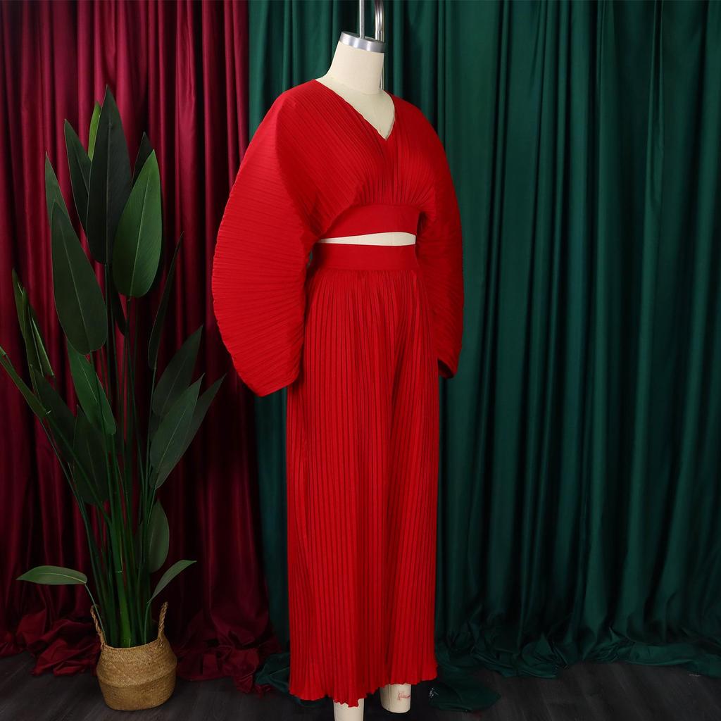 D3271 Women's Spring Fashion: Loose Pleated V-Neck Top & Wide-Leg Pants Two-Piece Set