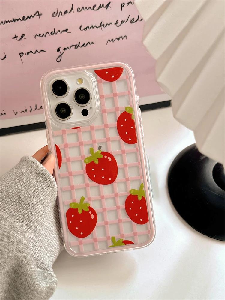 Girl pink plaid strawberry is suitable for Apple 17 Pro mobile phone case iPhone16 two-in-one 14/15 anti-drop 13 sets