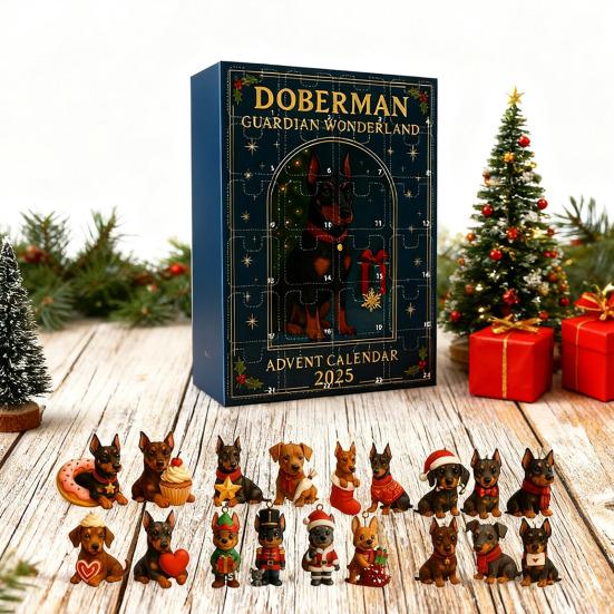 Doberman Advent Calendar 2025 24 Day Christmas Countdown Box with Acrylic Ornaments Multifunctional Holiday Tree Decor And Dog Lover Gift