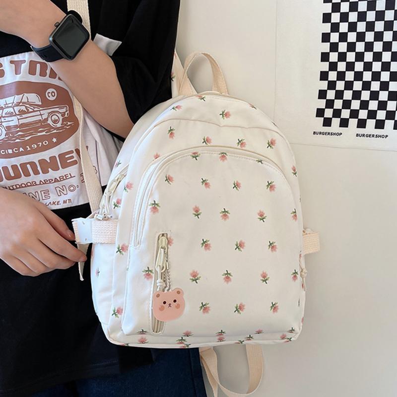 Zaino Kawaii Floreale Per Ragazze – Nylon Impermeabile 41,9x30x13 Cm – Mini Bookbag Bianco Con Fiori