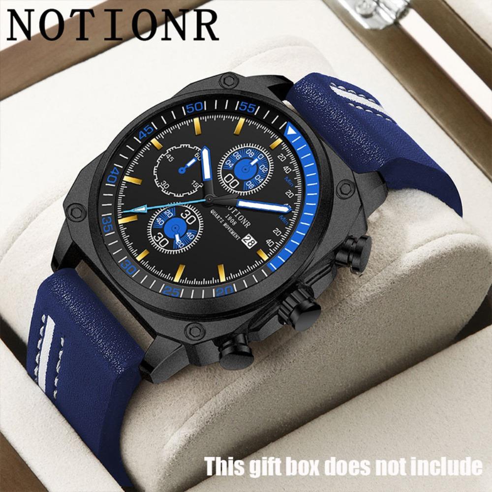 NOTIONR Business Men s Fashion Black & Green Dial Quartz Calendar Watches, Luxury Mens Black & White PU Leather Wrist Watch