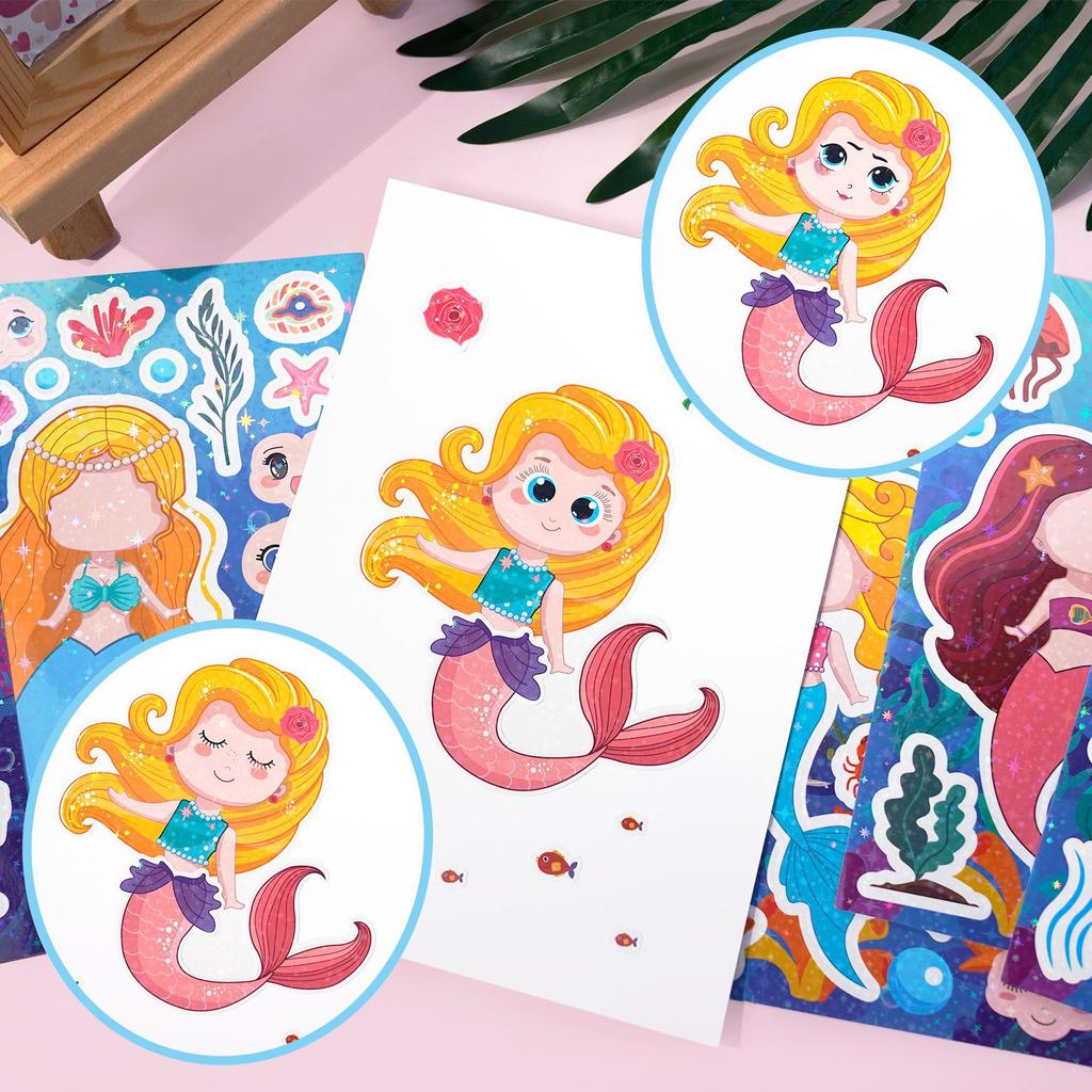 8Pcs Mermaid Face-Changing Stickers Cute Cartoon Designs Waterproof Stickers For Teen Girls' Parties Handmade Diy Birthday Gifts
