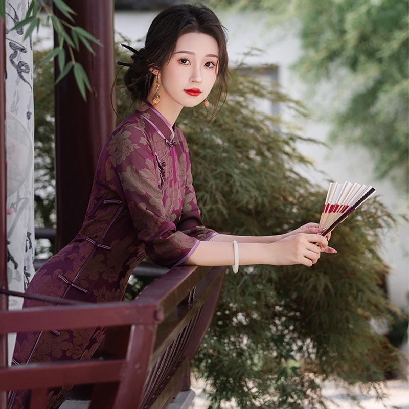 Old Shanghai Improved Cheongsam 1011 New Spring Daily Medium Sleeve Temperament Retro Dress Elegant Long Dress