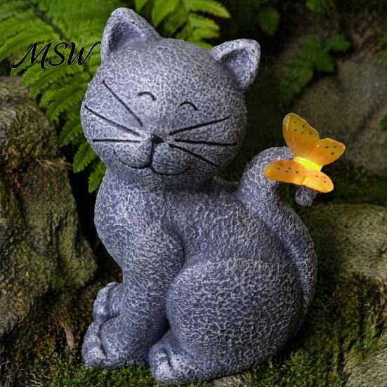 Outdoor Solar Garden Statue Cat Statue, Cute Sculpture with Butterfly Light, Induction Pathway Light Waterproof Resin Animal for Lawn Patio Yard Decor
