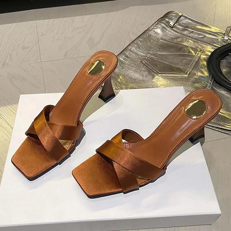 Fashion Fashion Cross Tied Design Brand Slippers Women High Quality Satin Square Toe Slide Sandals Elegant Woman Heels Zapatos De Mujer