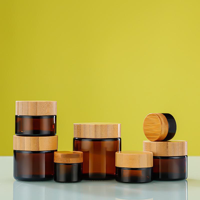 Brown Glass Eye & Face Cream Bottle with Bamboo Lid, Light-Proof, Travel Size