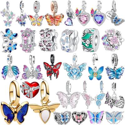 925 Silver Butterfly Pendant Charm Bead for Women Necklace DIY Bracelet Fine Jewelry Gift Dragonfly Flower Design