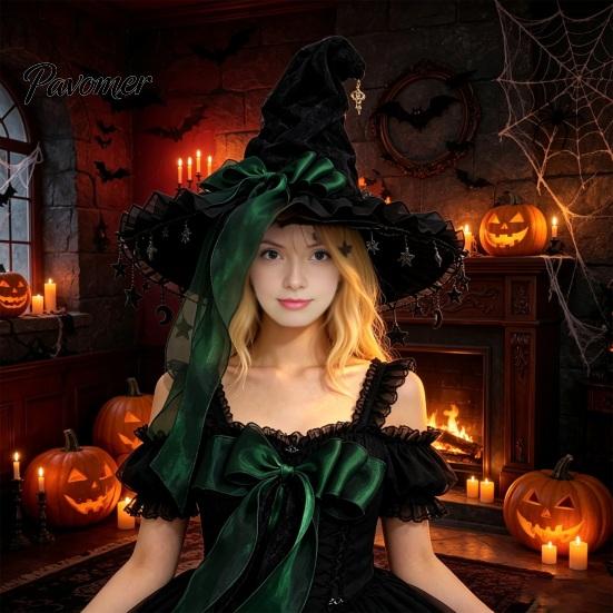 Dark Princess Style Cap Halloween Witch Hat, Gothic Wizard Costume Headpiece for Women, Spooky Velvet Cone Comic Exhibition Props Hat with Mesh Veil,