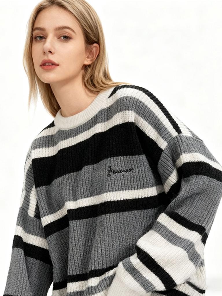 Women's Striped Sweater Y2k Vintage Baggy Knitted Pullover Casual Japanese Style Winter Warm Clothing