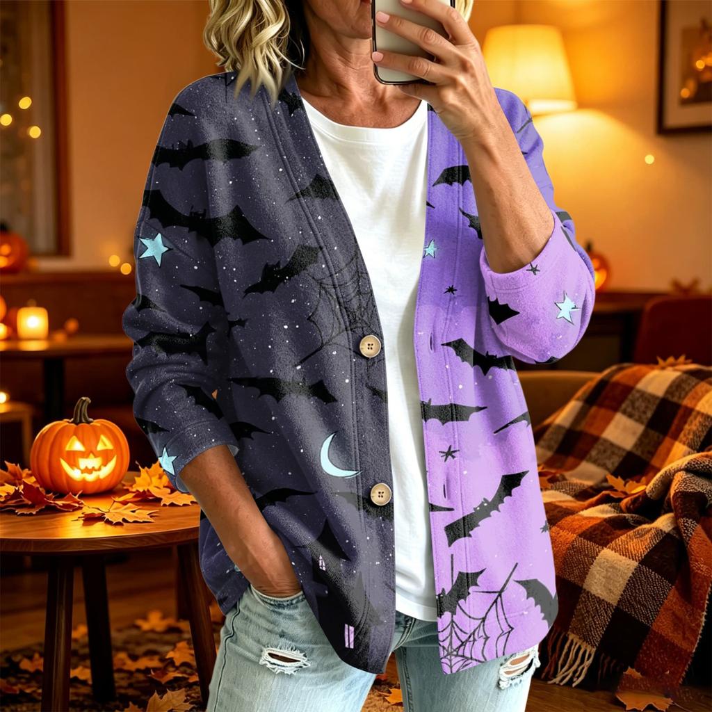 Women's Casual Long Sleeve Jacket with Halloween Print for Party Costume and Everyday Wear