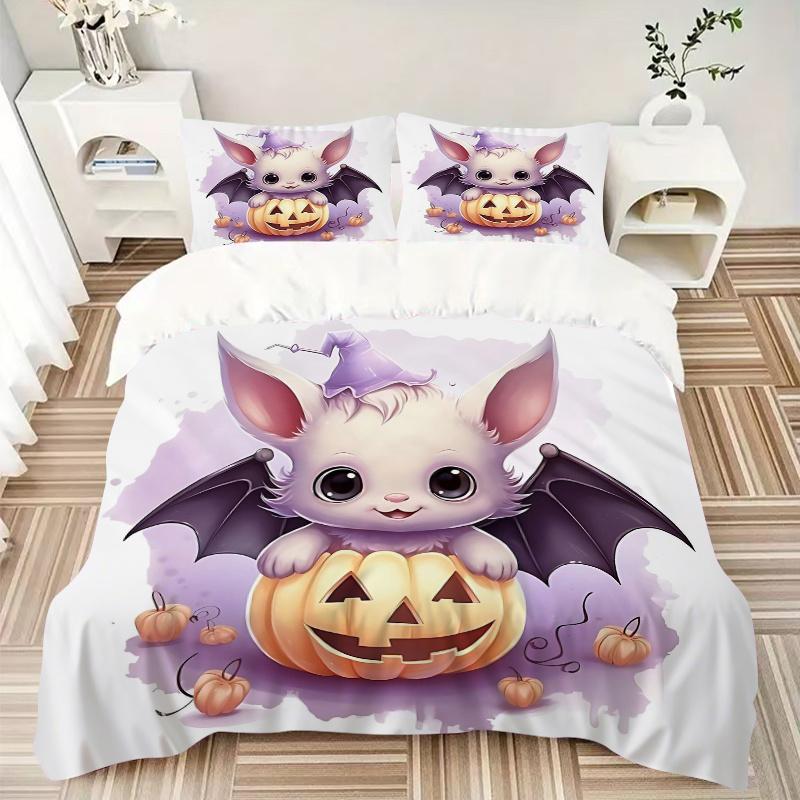 3pcs Wizard Bat & Pumpkin Cute Design Bedding Set - 1 Soft Quilt Cover + 2 Pillowcases, Machine Washable - Suitable for All Seasons, Perfect