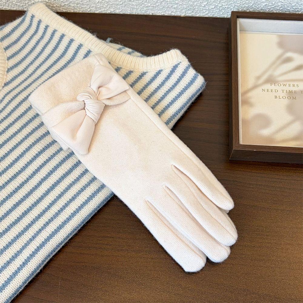 Bow Decor Winter Warm Gloves Polyester Fleece Lined Cycling Gloves Cold Weather