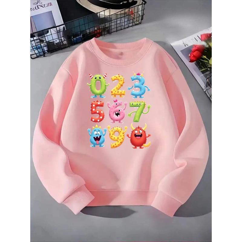 Kids Crewneck Hoodie, Cute Monster Numbers Cartoon Print,Casual Sportswear for Spring & Autumn