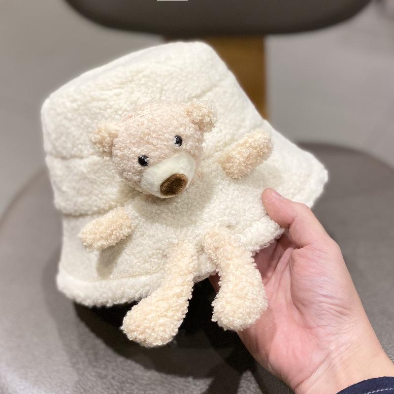Hat Female Autumn and Winter Versatile Lamb Wool Bear Bucket Hat Cute Cute Cute Warm Basin Hat