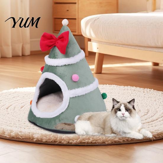 Soft Plush Pet Cave Christmas Tree Cat Bed, Bed with Removable Cushion, Non-slip Bottom, Cozy House for Indoor Cats Kittens Winter Holiday Decoration