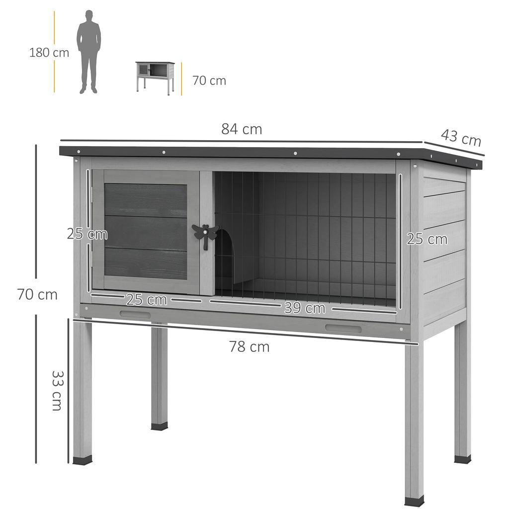 Raised Outdoor Wooden Rabbit Hutch with Opening Roof and Removable Tray, 84x43x70cm, Grey