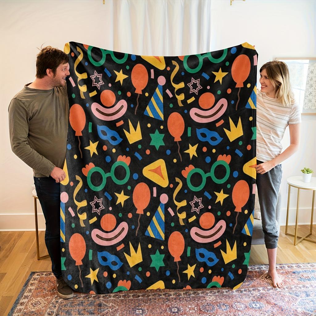 A Comfortable Party Theme Fleece Blanket Perfect Gift Soft High-Definition Digital Print Black Base with Colorful Balloons Masks