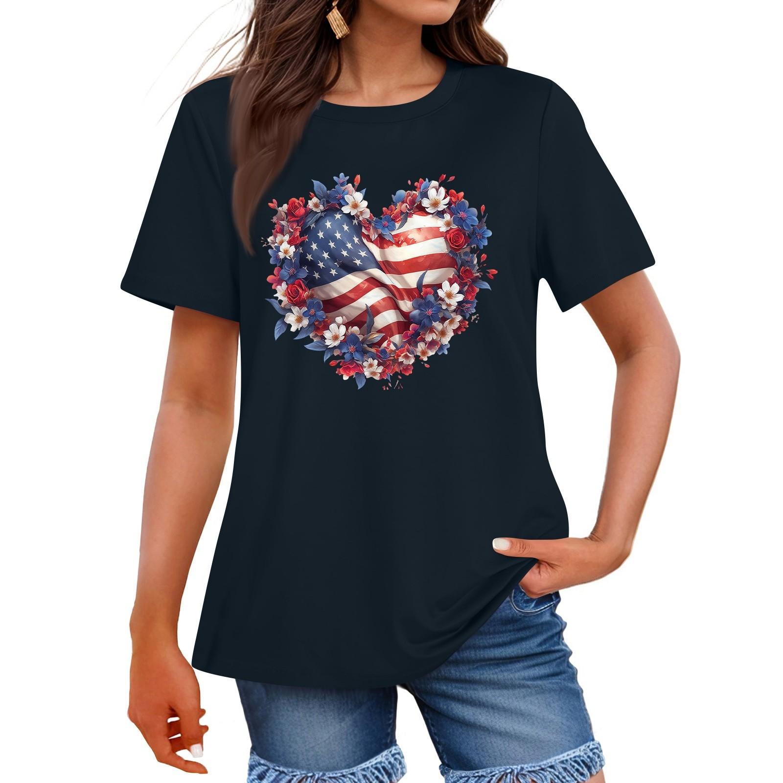 

Women s Fashion Independence Day Printed Round Neck Short Sleeved Casual T-shirt Top M Темно-синій