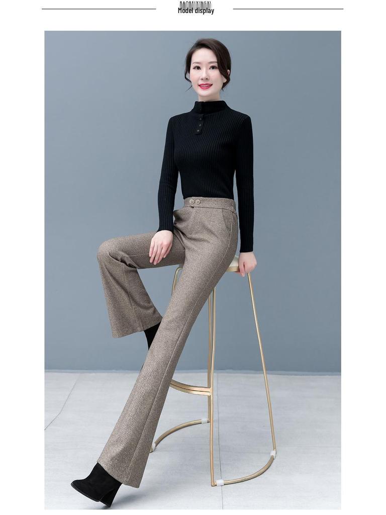 Women's High Waist Woolen Micro Flare Pants - Slimming, Casual, Versatile Drapey Design