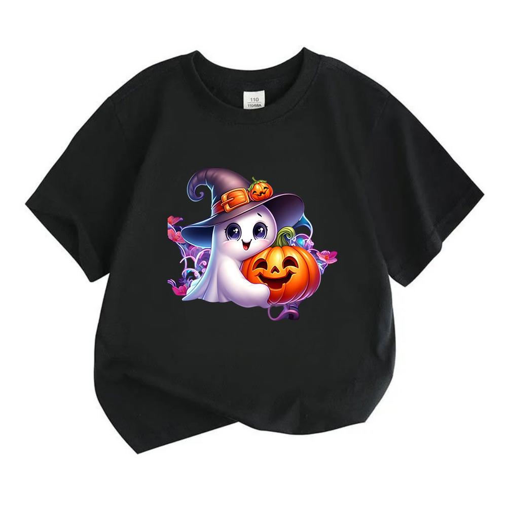 Kids Boys Girls 100% Cotton Crew Neck Short Sleeve T-Shirt, Cute Cartoon Ghost Witch Hat Pumpkin Print Halloween Casual Soft Tee for Children