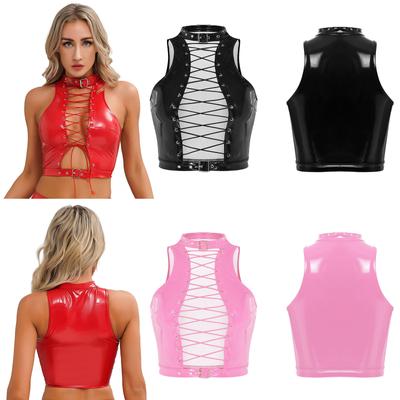 Chaleco de Cuero para Mujer Gótico Steampunk Aspecto Mojado Calado Camiseta Slim Bodycon Ropa de Calle Sin Mangas Top Corto para Fiesta Clubwear