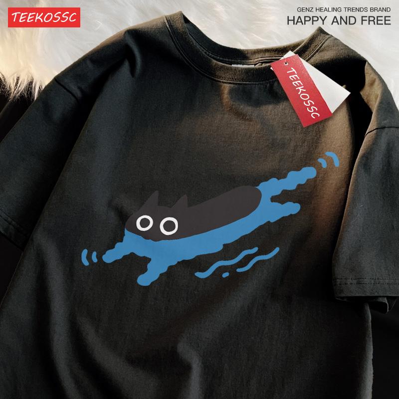 Couple T-shirt Swim Black Cat Diving Print T-Shirt Summer Men's Women's Breathable Casual Cotton Loose Top Short Sleeves
