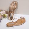 Fashion Luxury Glitter Decoration Gold Clip Toe Sandals Women Summer Square Toe Flat Heel Slides Brand Design Thin Band Beach Slippers