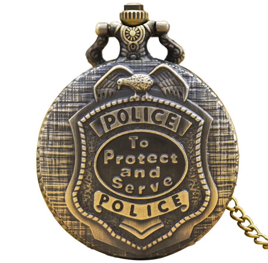 

Vintage Bronze Steampunk Imitation Police Badge Carved Quartz Pocket Watch Necklace Pendant Clock Chain Men Women Chain Gift бронзовий
