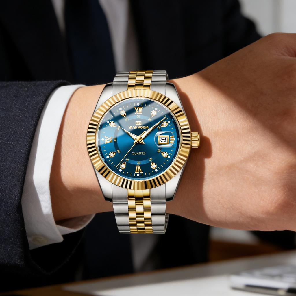 VA VA VOOM Herren Luxus Quarz Uhr Business Edelstahl Uhr mit Tag und Datum Anzeige Lässige Wasserdichte Uhren mit Werkzeug und Etui