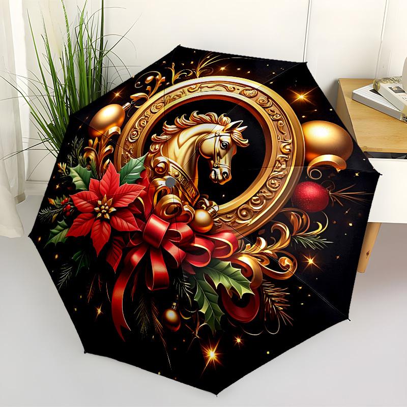 1pc Golden Horse Decoration Fashionable Automatic Opening/Closing Folding Umbrella with 8 Iron Bones, Plastic Handle yy251015067