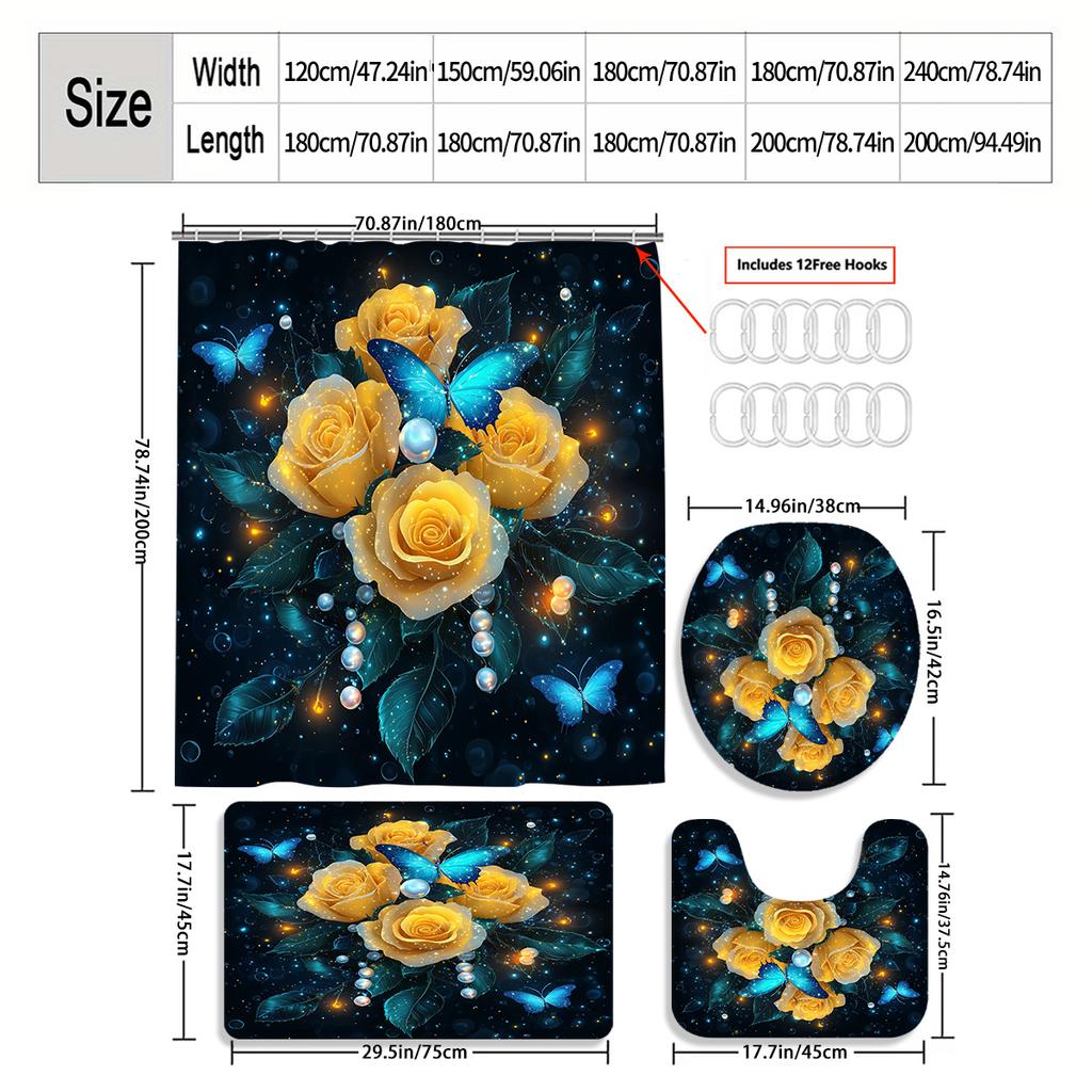 4Pcs Golden Roses And Butterflies Shower Curtain Set with Non-Slip Bath Mat, Toilet Lid Cover, Contour Rug & 12 Hooks, Bathroom Decor
